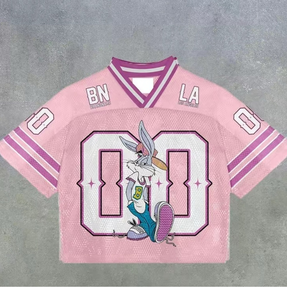 Warner Bros Pink and White Cropped Jersey with Cartoon Graphic